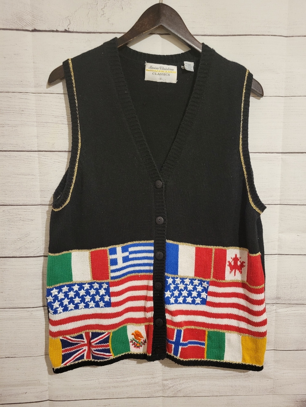 Vintage Marisa Christina Sweater Vest Hand Knit Artsy Flags Country